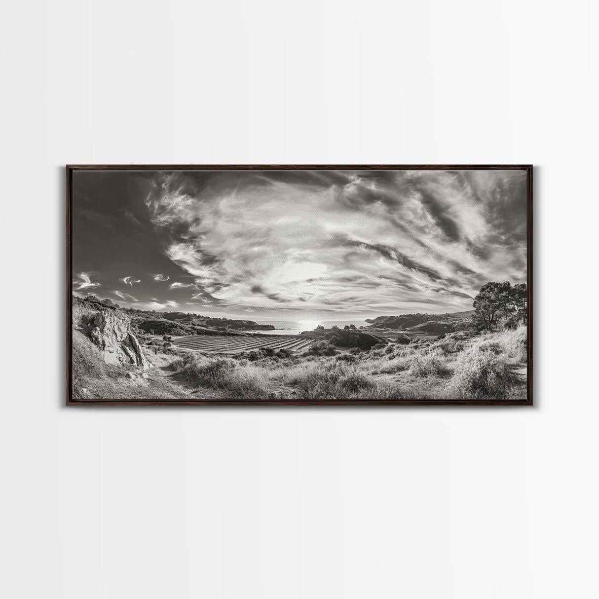 Coastal Hillside Sunset, Vineyard Ocean View, Rolling Landscape Art, Framed Canvas Print, Kitchen Wall Art, California Scenery