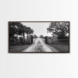 Rustic Gate Trail, Southern Country Road, Tree-Lined Entry, Framed Canvas Print, Farmhouse Style, Entryway or Office Wall Art