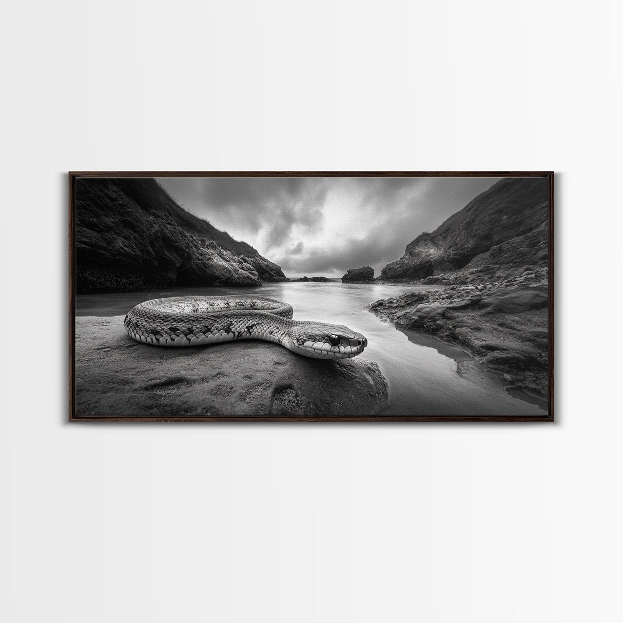 Ocean Snake Landscape, Coastal Creature Scene, Black and White Reptile, Framed Canvas Print, Moody Art, Bedroom or Den Decor