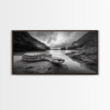 Ocean Snake Landscape, Coastal Creature Scene, Black and White Reptile, Framed Canvas Print, Moody Art, Bedroom or Den Decor