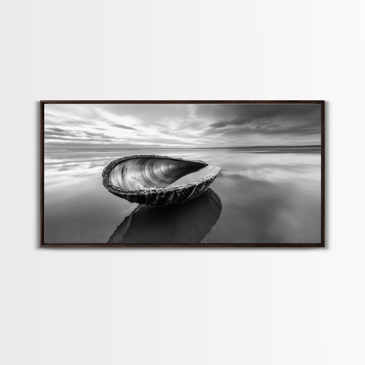 Seashell Shore Still, Ocean Reflection Calm, Beach Shell Close-Up, Framed Canvas Print, Coastal Minimalism, Bathroom Wall Art
