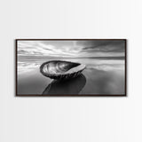 Seashell Shore Still, Ocean Reflection Calm, Beach Shell Close-Up, Framed Canvas Print, Coastal Minimalism, Bathroom Wall Art