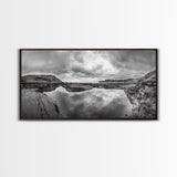 Reflected Cliffs, Stormy Sky, Coastal View, Dramatic Landscape, Canvas Print, minimalist art, office decor, moody black and white wall art