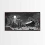 Snowy Cabin, Winter Night, Starry Sky, Cozy Mountain Scene, Framed Canvas Print, rustic lodge decor, Christmas art, bedroom wall print