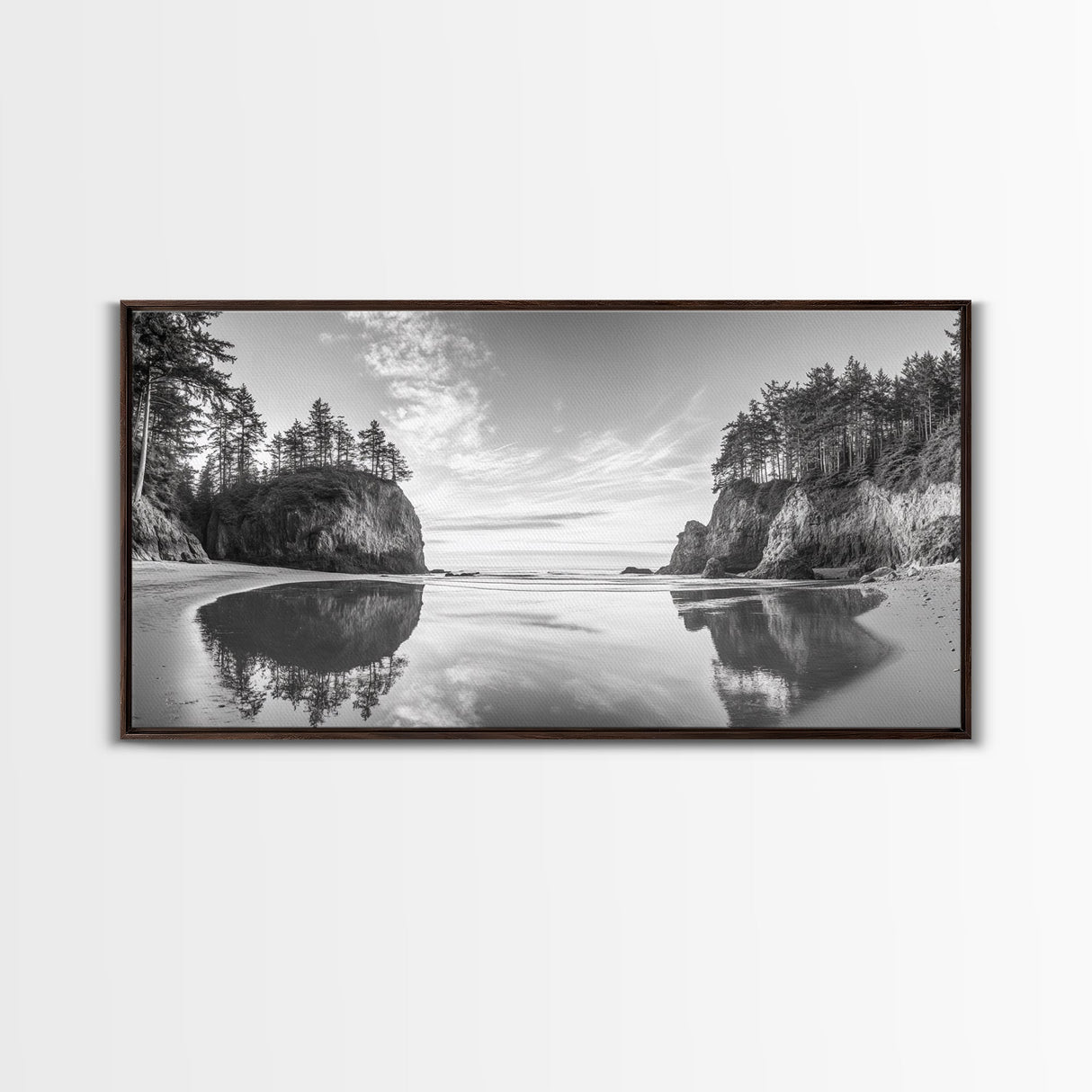 Sea Stacks, Calm Waters, Coastal Trees, Tranquil Morning, Framed Canvas Print, coastal wall art, nature inspired, entryway decor