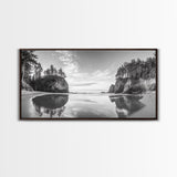 Sea Stacks, Calm Waters, Coastal Trees, Tranquil Morning, Framed Canvas Print, coastal wall art, nature inspired, entryway decor