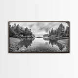 Forest Shoreline, Pebble Beach, Misty Inlet, Calm Waters, Canvas Print, natural modern art, neutral palette, living room wall decor