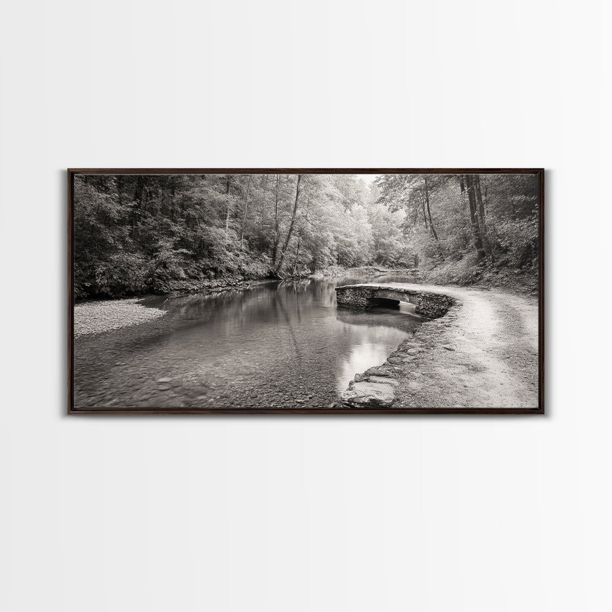 Stone Bridge, Forest Path, Quiet Creek, Peaceful Nature, Canvas Print, tranquil woodland art, Fall entryway piece, rustic landscape