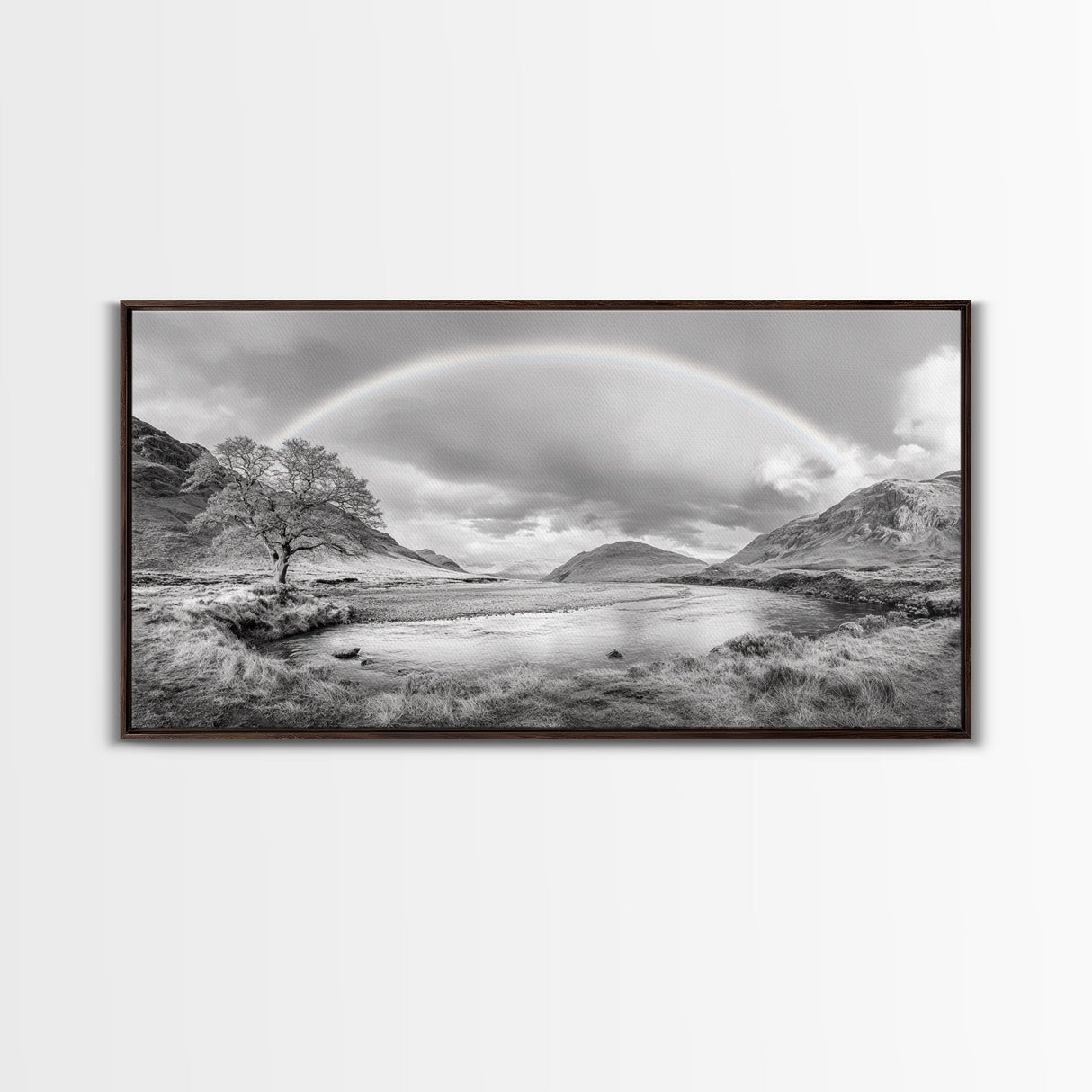 Rainbow, River Valley, Highland Scene, Minimalist Landscape Art, Framed Canvas Print, Entryway Decor, Rustic Nature Print, Calming Wall Art