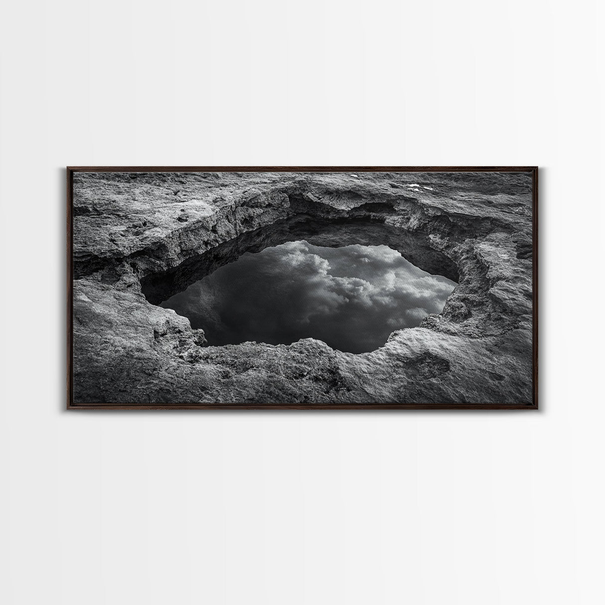 Sky Reflection, Stone Pool, Abstract Nature, Moody Minimalist Art, Framed Canvas Print, Bedroom Wall Art, Contemporary Monochrome Decor