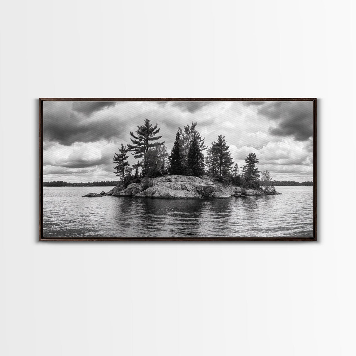 Lake Island, Pine Trees, Nature Panorama, Black and White Wilderness, Framed Canvas Print, Office Wall Art, Outdoor Inspired Decor