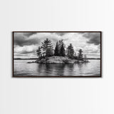 Lake Island, Pine Trees, Nature Panorama, Black and White Wilderness, Framed Canvas Print, Office Wall Art, Outdoor Inspired Decor