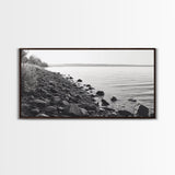 Shoreline Rocks, Quiet Water, Still Landscape, Coastal Photography, Canvas Print, Minimalist Office Art, Calm Nature Scene