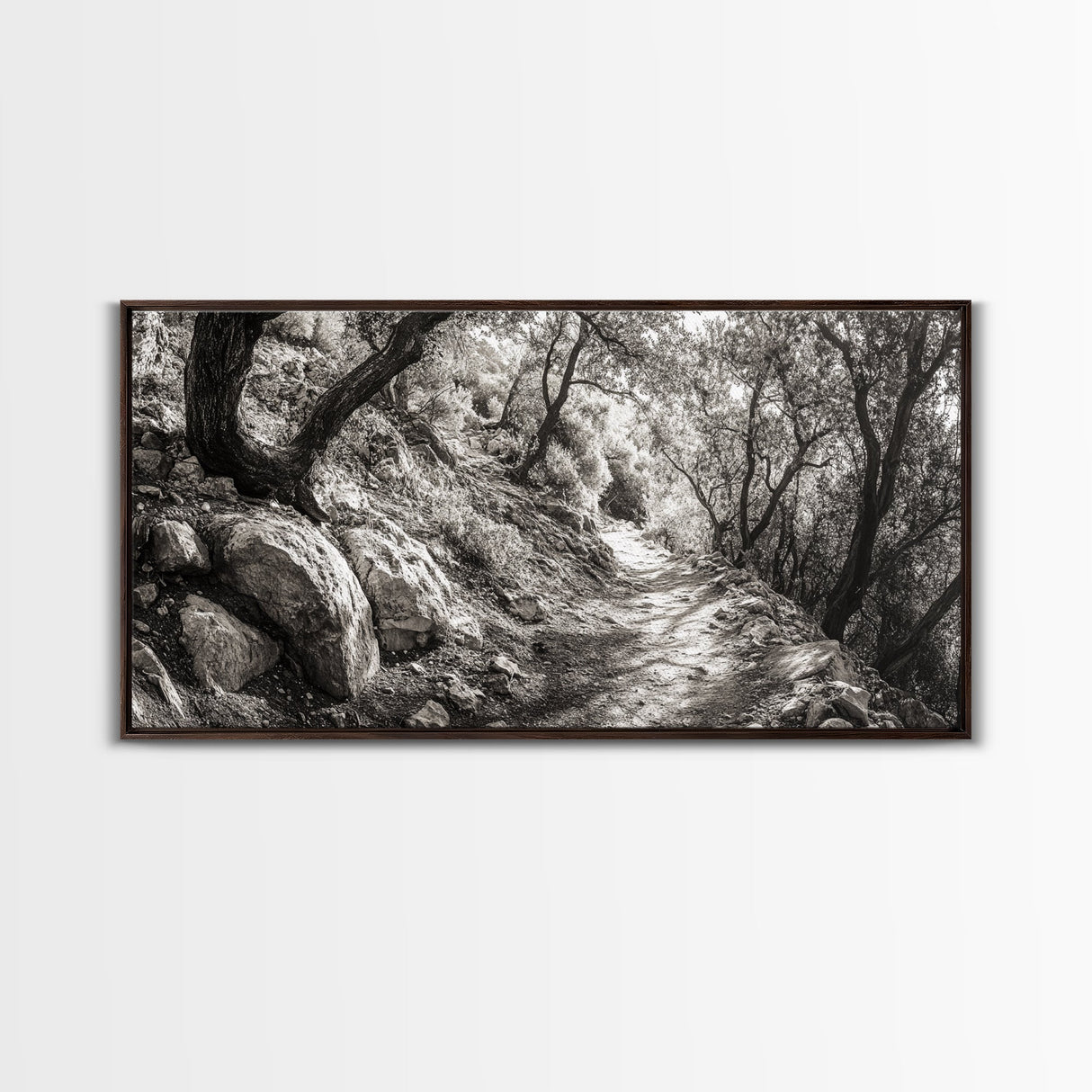 Woodland Trail, Autumn Path, Tree Tunnel, Rustic Outdoor Vibe, Framed Canvas Print, Entryway Nature Art, Moody Forest Decor