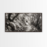 Woodland Trail, Autumn Path, Tree Tunnel, Rustic Outdoor Vibe, Framed Canvas Print, Entryway Nature Art, Moody Forest Decor