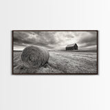 Barn Field, Hay Bale, Rural Farmland Scene, Autumn Countryside Art, Canvas Print, Farmhouse Wall Decor, Rustic Fall Living Room Art