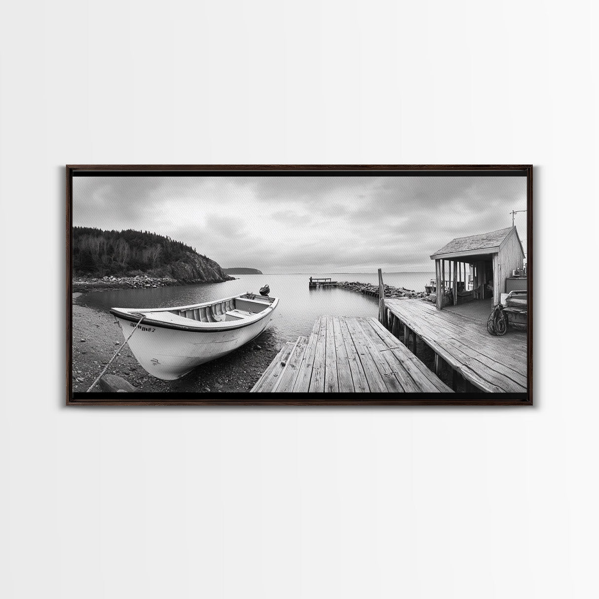 Rowboat Dock, Harbor Scene, Calm Waters, Quiet Morning, Framed Canvas Print, Lakeside Cabin Wall Art, Rustic Nautical Decor, Cabin Decor