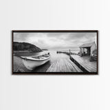 Rowboat Dock, Harbor Scene, Calm Waters, Quiet Morning, Framed Canvas Print, Lakeside Cabin Wall Art, Rustic Nautical Decor, Cabin Decor