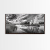 Sailboat Reflection, Tranquil River, Nautical Scene, Black White, Framed Canvas Print, Coastal Decor, Beach House Wall Art, Ocean Minimalism