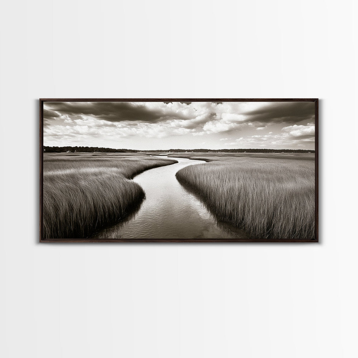 Winding River, Marsh Grass, Nature Path, Sepia Tones, Framed Canvas Print, Country Wall Art, Entryway Decor, Rustic Landscape Aesthetic