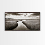 Winding River, Marsh Grass, Nature Path, Sepia Tones, Framed Canvas Print, Country Wall Art, Entryway Decor, Rustic Landscape Aesthetic