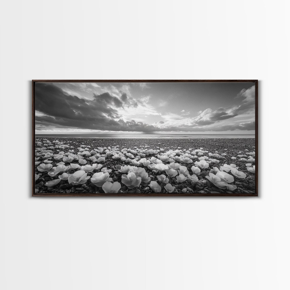 Flower Beach Shore, Coastal Blossoms, Pebble Flower Scene, Nature Bloom Decor, Canvas Print, Living Room Wall Art, Boho Art