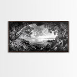 Ocean Cave View, Coastal Tree Framing, Tranquil Sea Scene, Nature Window Art, Framed Canvas Print, Bedroom Wall Art, Zen Decor