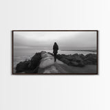Woman Walking, Jetty View, Seaside Mood, Solitude Moment, Framed Canvas Print, Moody Wall Art, Bedroom Meditation Decor, Boho Decor