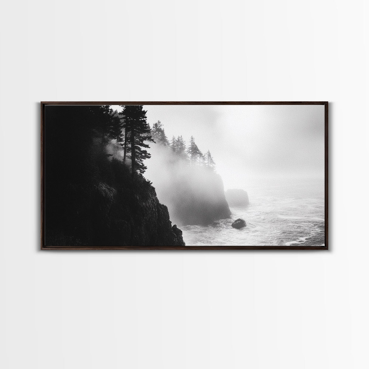 Foggy Cliff Coast, Ocean Pines Landscape, Moody Nature Art, Misty Seascape Scene, Framed Canvas Print, Living Room Wall Art, Fall Decor