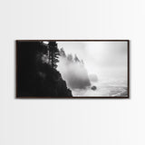 Foggy Cliff Coast, Ocean Pines Landscape, Moody Nature Art, Misty Seascape Scene, Framed Canvas Print, Living Room Wall Art, Fall Decor