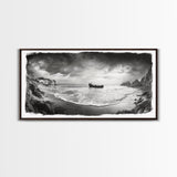 Shipwreck Beach Scene, Dramatic Coastline, Black and White Decor, Framed Canvas Print, Moody Art, Coastal Wall Art, Rustic Bedroom Print