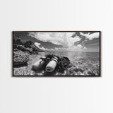 Dive Gear Shoreline, Ocean Exploration Scene, Black and White Adventure Art, Canvas Print, Nautical Decor, Man Cave Wall Art, Nautical Wall Art