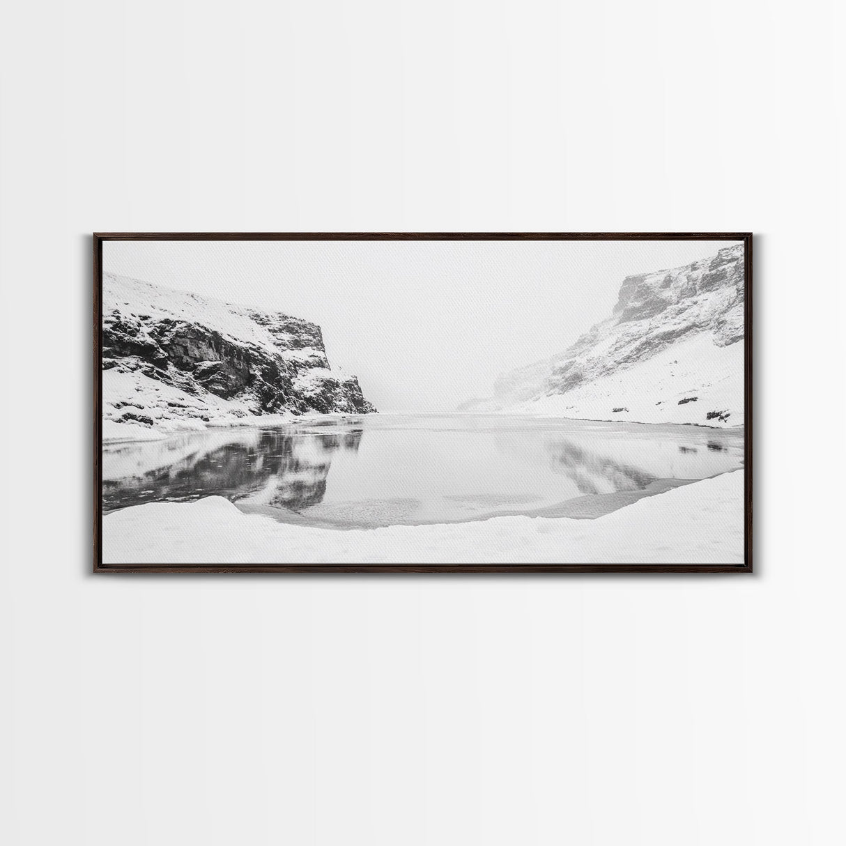 Snowy Cliff Reflection, Winter River Scene, Black and White Nature, Framed Canvas Print, Minimalist Wall Art, Neutral Winter Decor