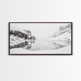 Snowy Cliff Reflection, Winter River Scene, Black and White Nature, Framed Canvas Print, Minimalist Wall Art, Neutral Winter Decor
