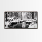 Winter Forest Creek, Snow Covered Trees, Black and White Tranquil Art, Canvas Print, Holiday Wall Art, Nature Lover Gift, Cozy Vibe