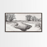 Frozen Stream Scene, Bare Trees Landscape, Black and White Nature Decor, Canvas Print, Winter Wall Art, Neutral Bedroom Accent