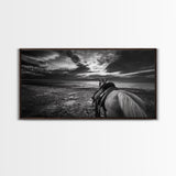Horseback Beach, Sunset Ride, Equestrian Art, Moody Horizon Scene, Canvas Print, Cowboy Country Decor, Rustic Living Room Wall Art