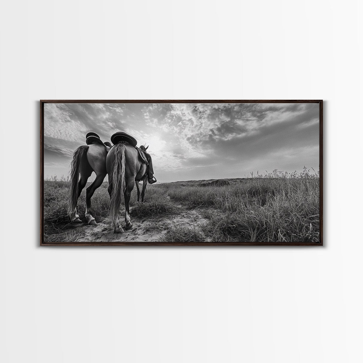 Grazing Horses, Cowboy Duo, Open Field, Equestrian Love Scene, Canvas Print, Western Wall Art, Rustic Ranch Living Room Decor