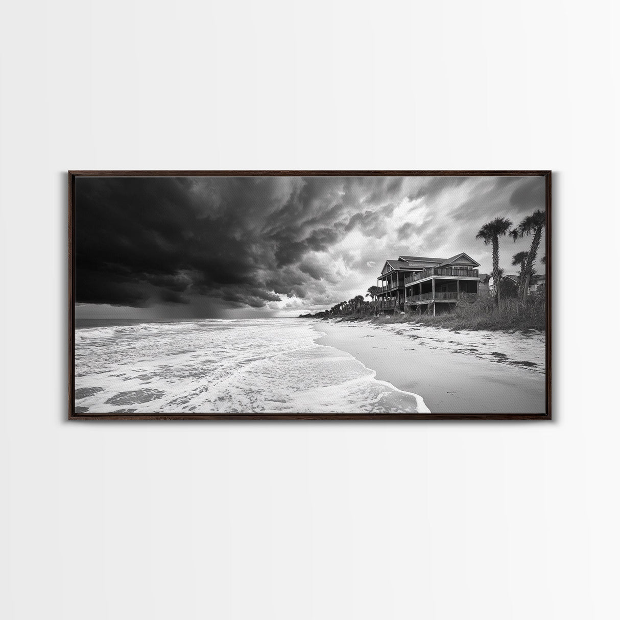 Stormy Beach House, Coastal Decor, Monochrome Photography, Beachfront Scene, Canvas Print, Moody Ocean Wall Art, Bedroom Coastal Wall Decor