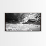 Stormy Beach House, Coastal Decor, Monochrome Photography, Beachfront Scene, Canvas Print, Moody Ocean Wall Art, Bedroom Coastal Wall Decor