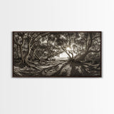 Enchanted Forest Light, Tree Shadows, Nature Landscape, Framed Canvas Print, Rustic Wall Art, Entryway Woodland Decor, Boho Forest Print