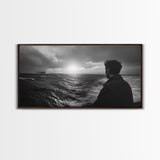 Man Watching Sea, Stormy Ocean View, Emotional Scene, Canvas Print, Moody Coastal Decor, Office Wall Art, Nautical Monochrome Style