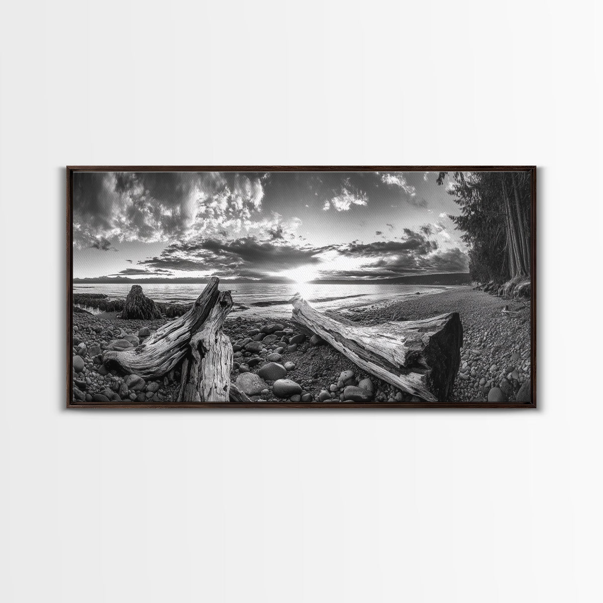 Driftwood Coastline, Rocky Beach Sunset, Nature Wall Art, Framed Canvas Print, Rustic Lake House Decor, Fall Coastal Aesthetic