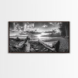 Driftwood Coastline, Rocky Beach Sunset, Nature Wall Art, Framed Canvas Print, Rustic Lake House Decor, Fall Coastal Aesthetic