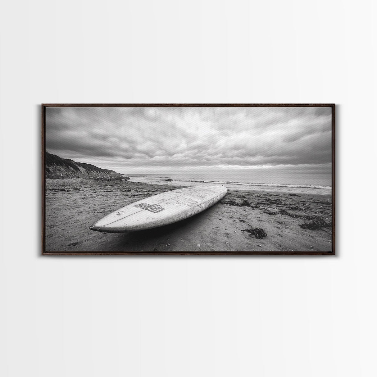 Surfboard, Coastal Shore, Serene Beach, Cloudy Sky, Framed Canvas Print, surfer room decor, rustic beach wall art, neutral home style