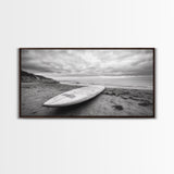 Surfboard, Coastal Shore, Serene Beach, Cloudy Sky, Framed Canvas Print, surfer room decor, rustic beach wall art, neutral home style