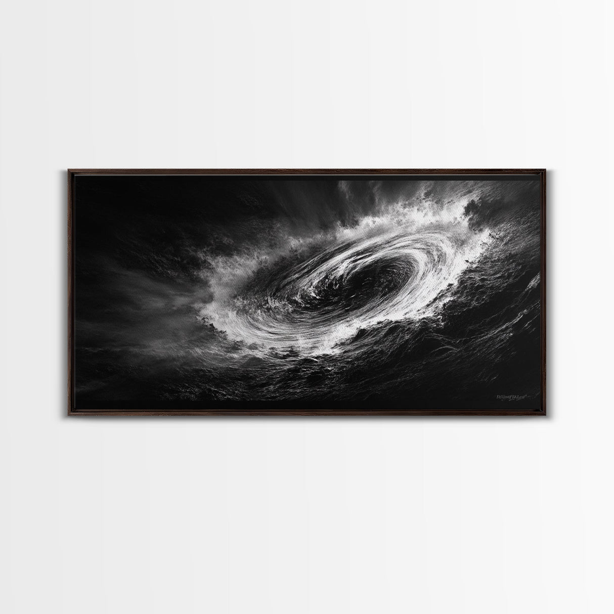 Ocean Vortex, Dramatic Waves, Sea Swirl, Storm Art, Framed Canvas Print, dark abstract art, gaming room decor, black and white power art
