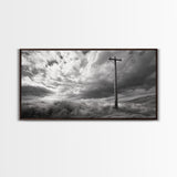 Power Pole, Rural Landscape, Stormy Sky, Country Calm, Framed Canvas Print, farmhouse entryway wall art, rustic black and white print