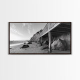 Coastal Cliff View, Seaside Escape, Beachside Structure, Framed Canvas Print, Rustic Wall Art, Modern Coastal Living Room Decor