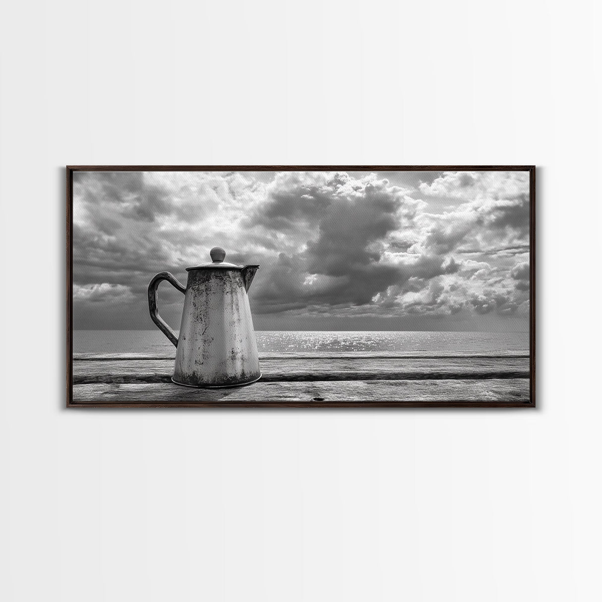 Seaside Coffee Pot, Oceanfront Still Life, Rustic Morning, Framed Canvas Print, Nautical Wall Art, Beach Kitchen Decor, Moody Nature Art